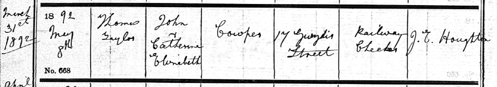 baptismal record for Thomas Taylor Cowper